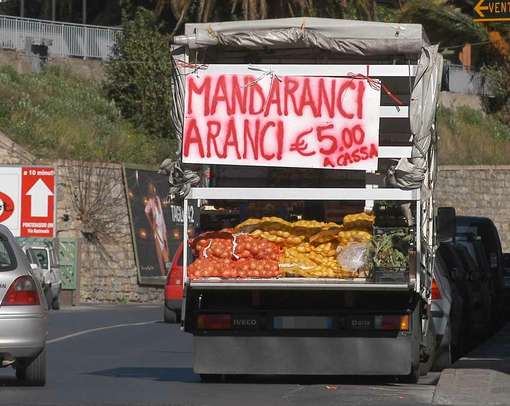 Un camion vende frutta a bordo della strada mandaranci e aranci a 5€ a cassa
