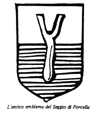 lo stemma di fondo uno scudo al centro un legno tipo fionda e da metà delle righe